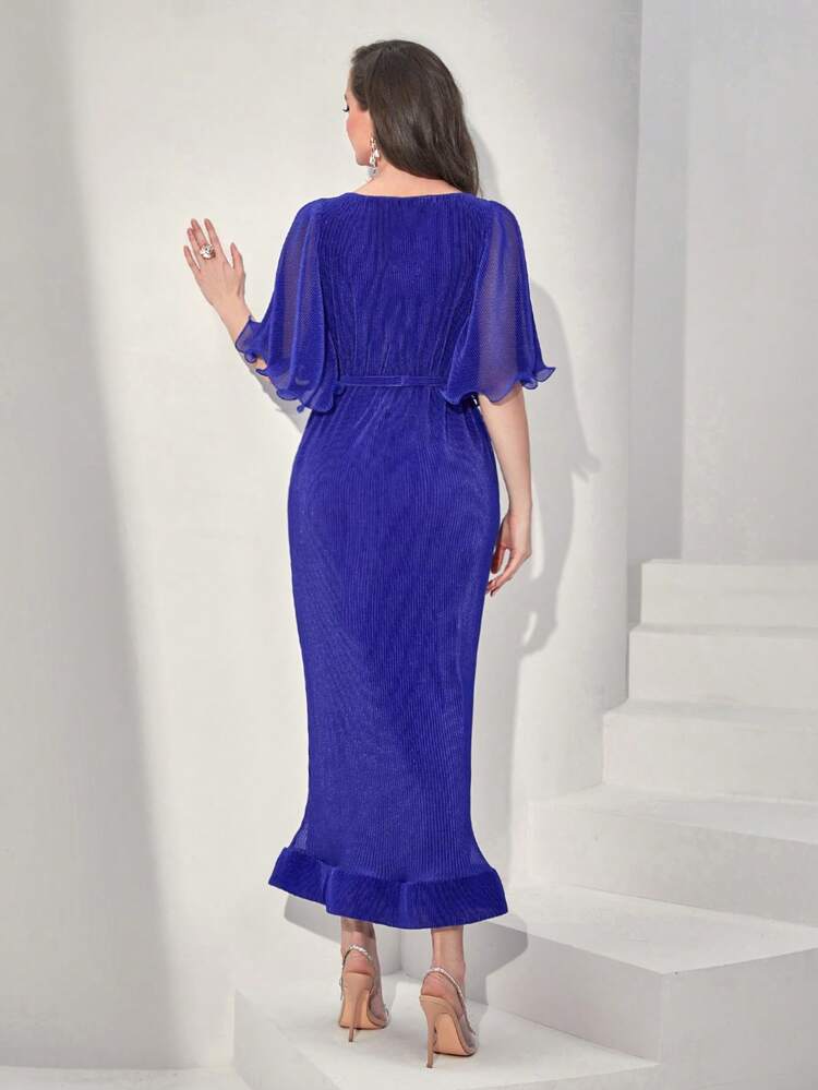 Pleated Flounce Sleeve Ruffle Hem Belted Dress