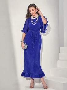 Modelyn Pleated Flounce Sleeve Ruffle Hem Belted Dress