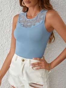 SHEIN Clasi Áo khoác và áo lót dành cho xe tăng nữ Tương phản ren màu trơn Giải trí - Màu xanh bụi bặm - Xem 4