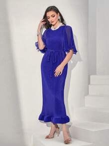 Modelyn Pleated Flounce Sleeve Ruffle Hem Belted Dress