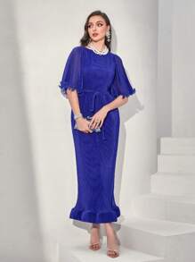 Modelyn Pleated Flounce Sleeve Ruffle Hem Belted Dress