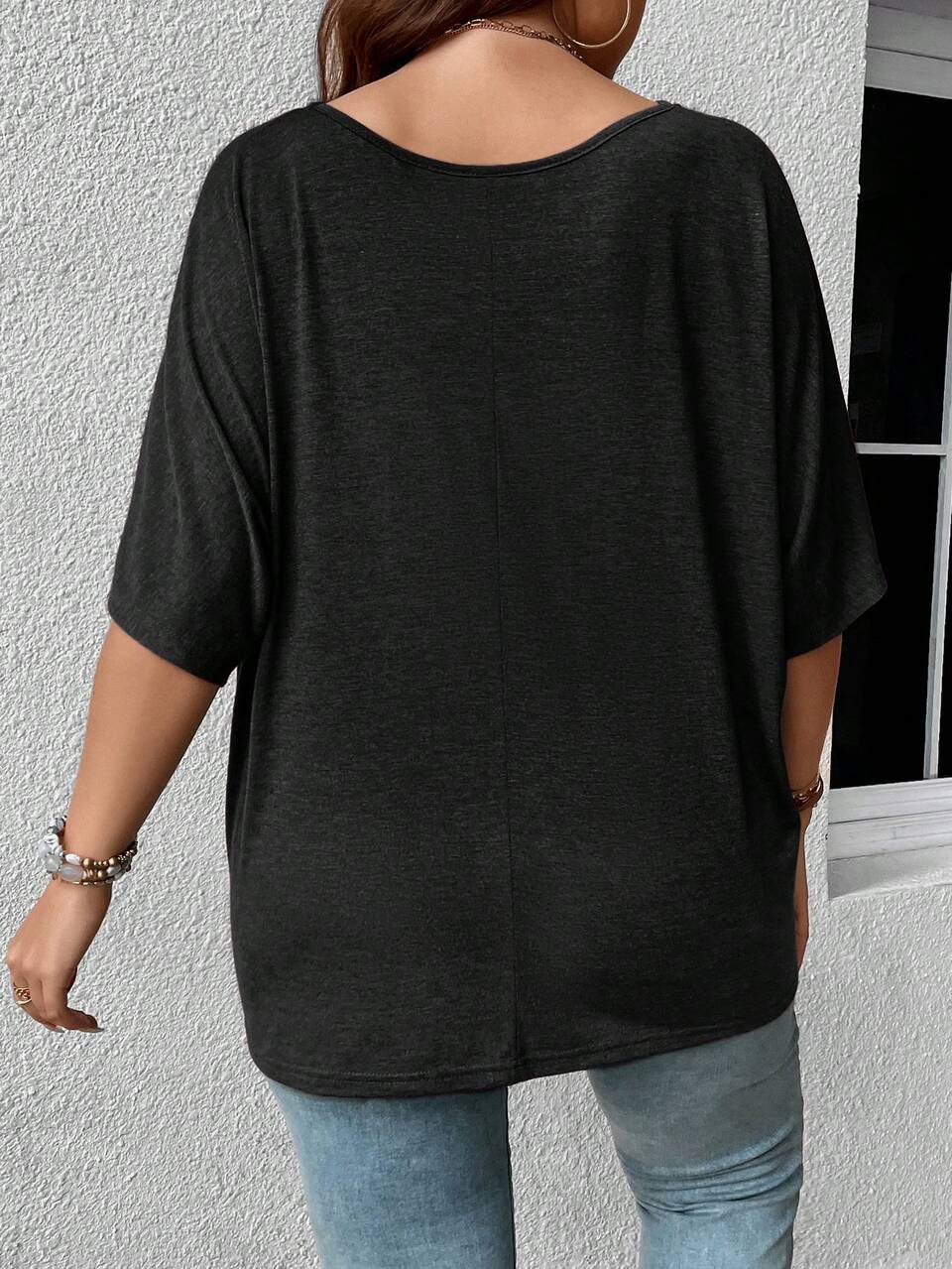 Plus Solid Batwing Sleeve Pocket Patched Tee