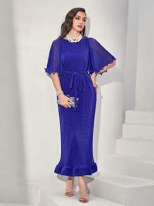 Modelyn Pleated Flounce Sleeve Ruffle Hem Belted Dress