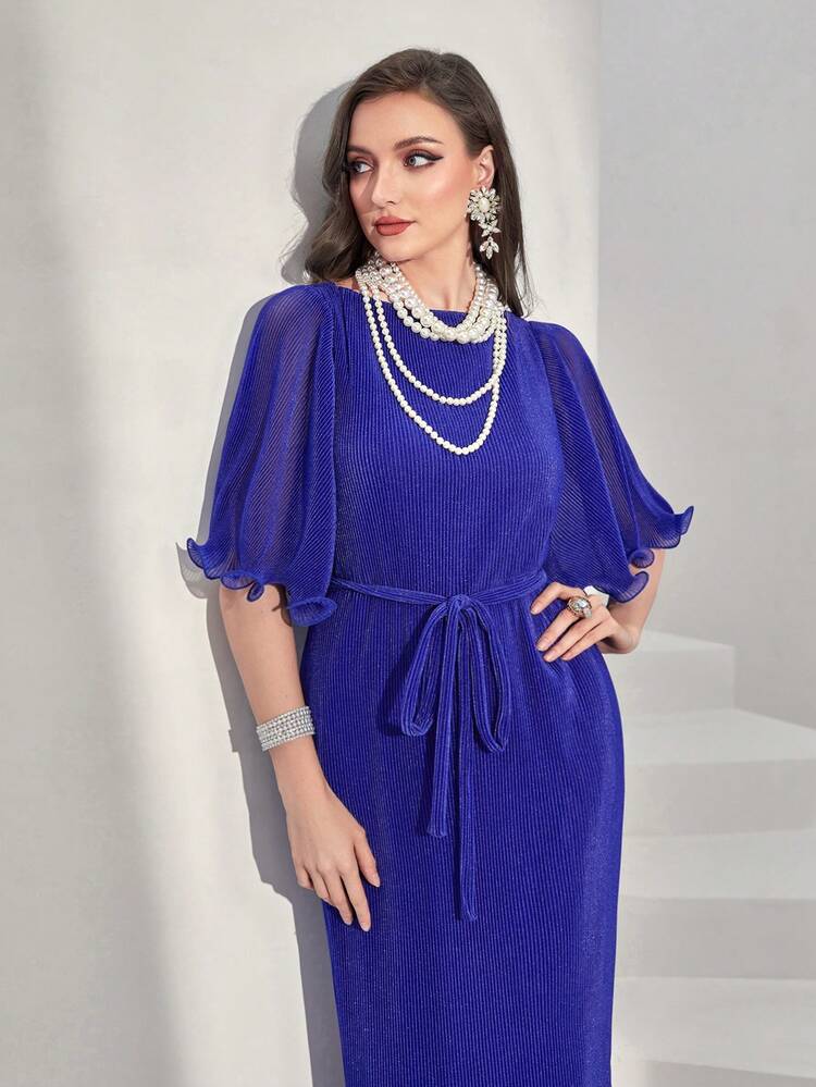 Pleated Flounce Sleeve Ruffle Hem Belted Dress