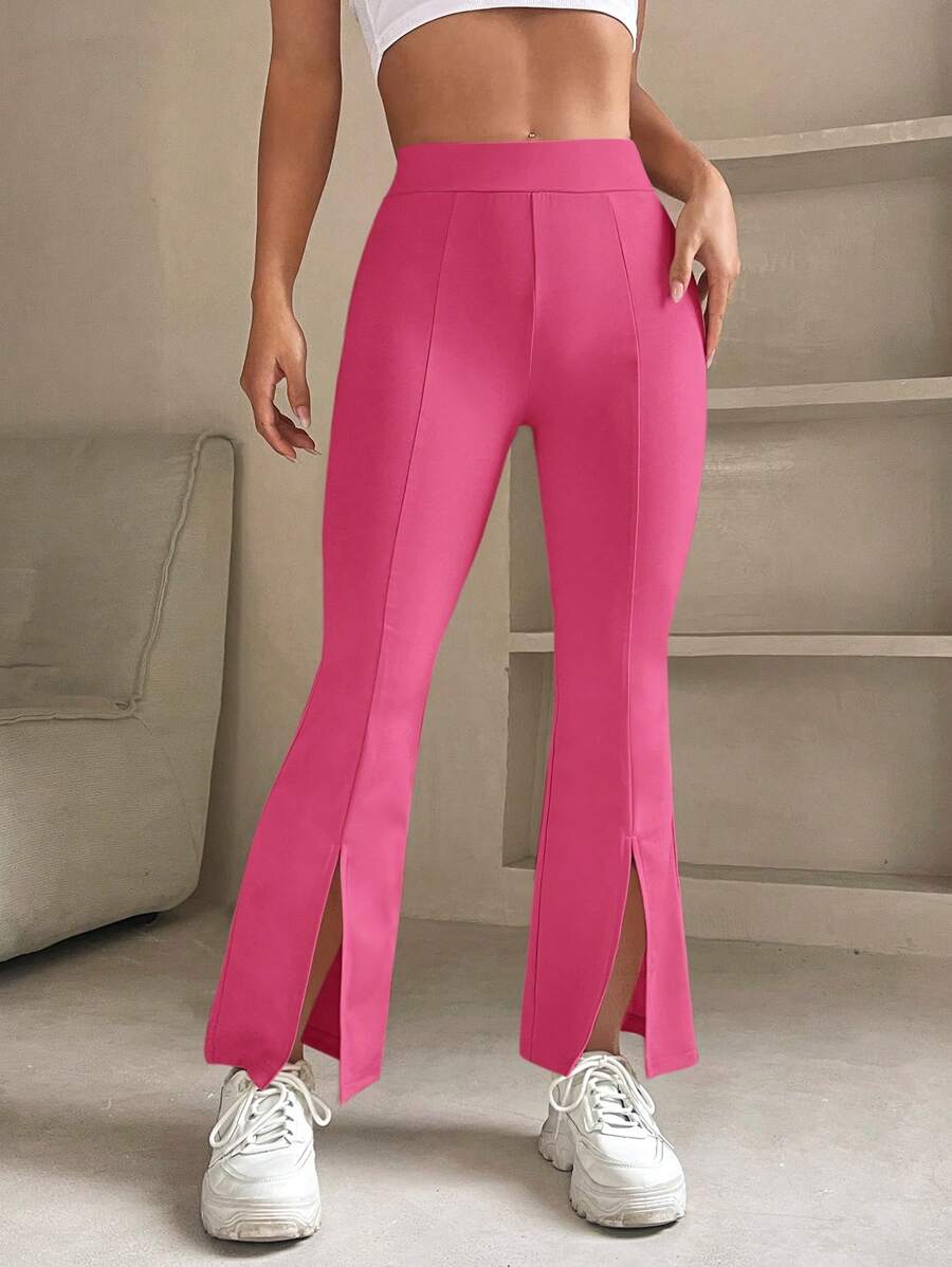 SHEIN PETITE Split Hem Flare Leg Pants - Hot Pink - View 1