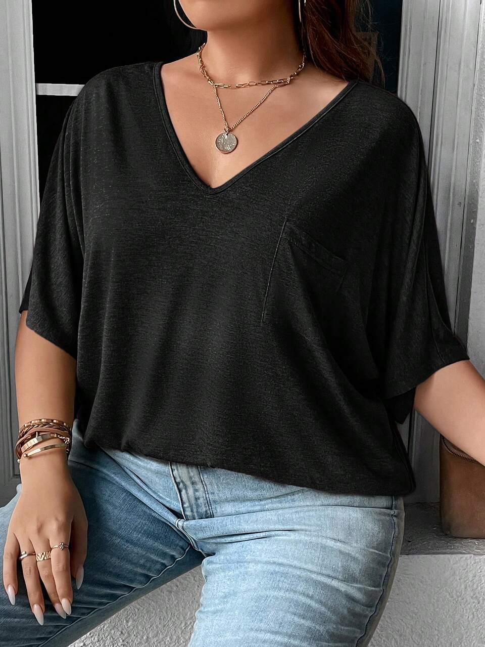 Plus Solid Batwing Sleeve Pocket Patched Tee