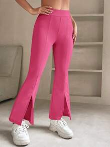 SHEIN PETITE Split Hem Flare Leg Pants - Hot Pink - View 3