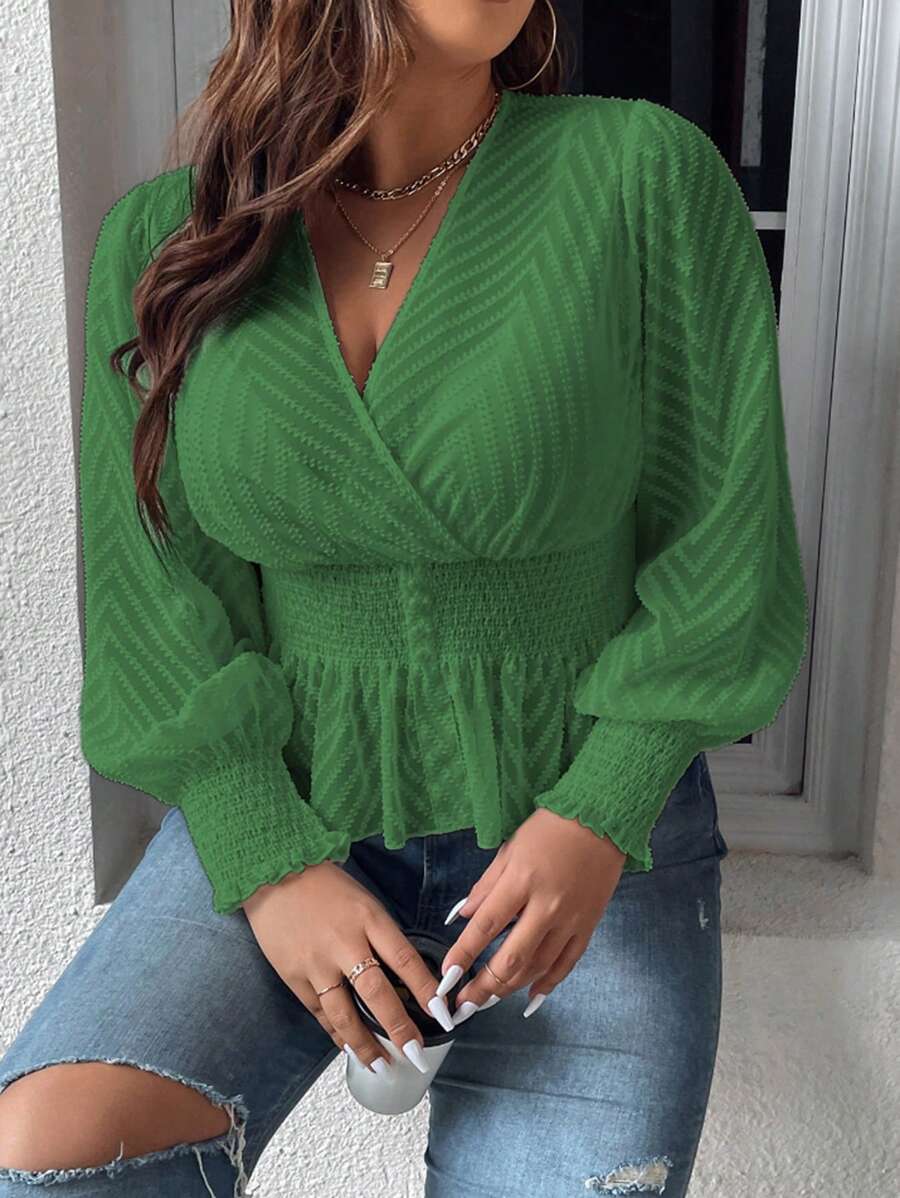 Celure Plus Surplice Neck Lantern Sleeve Peplum Blouse