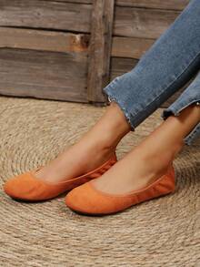 前衛橘色平底鞋適用於極簡風格仿麂皮芭蕾舞鞋 - 橘色 - 查看 3