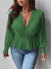 Celure Plus Surplice Neck Lantern Sleeve Peplum Blouse