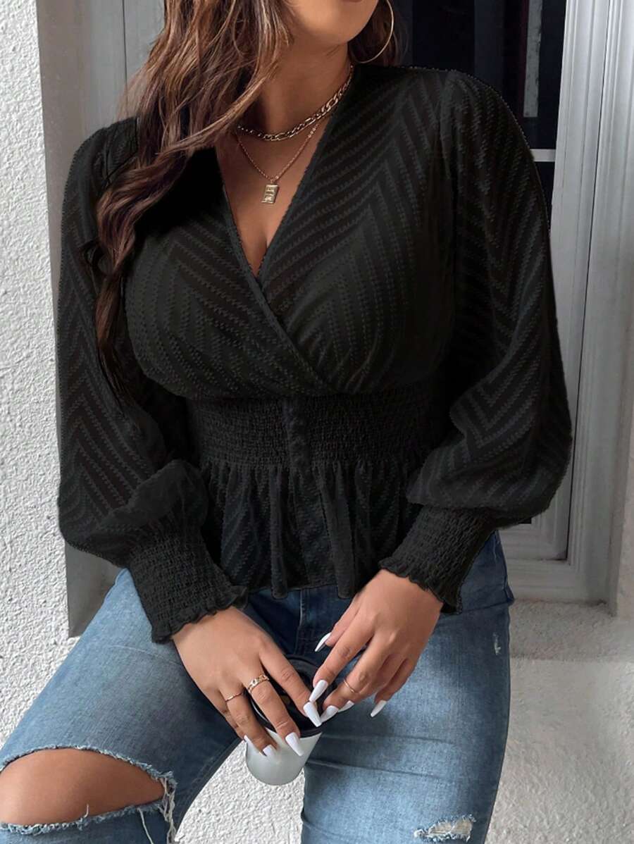 Celure Plus Surplice Neck Lantern Sleeve Peplum Blouse - Black - View 1