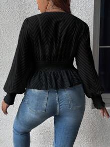 Celure Plus Surplice Neck Lantern Sleeve Peplum Blouse - Black - View 2