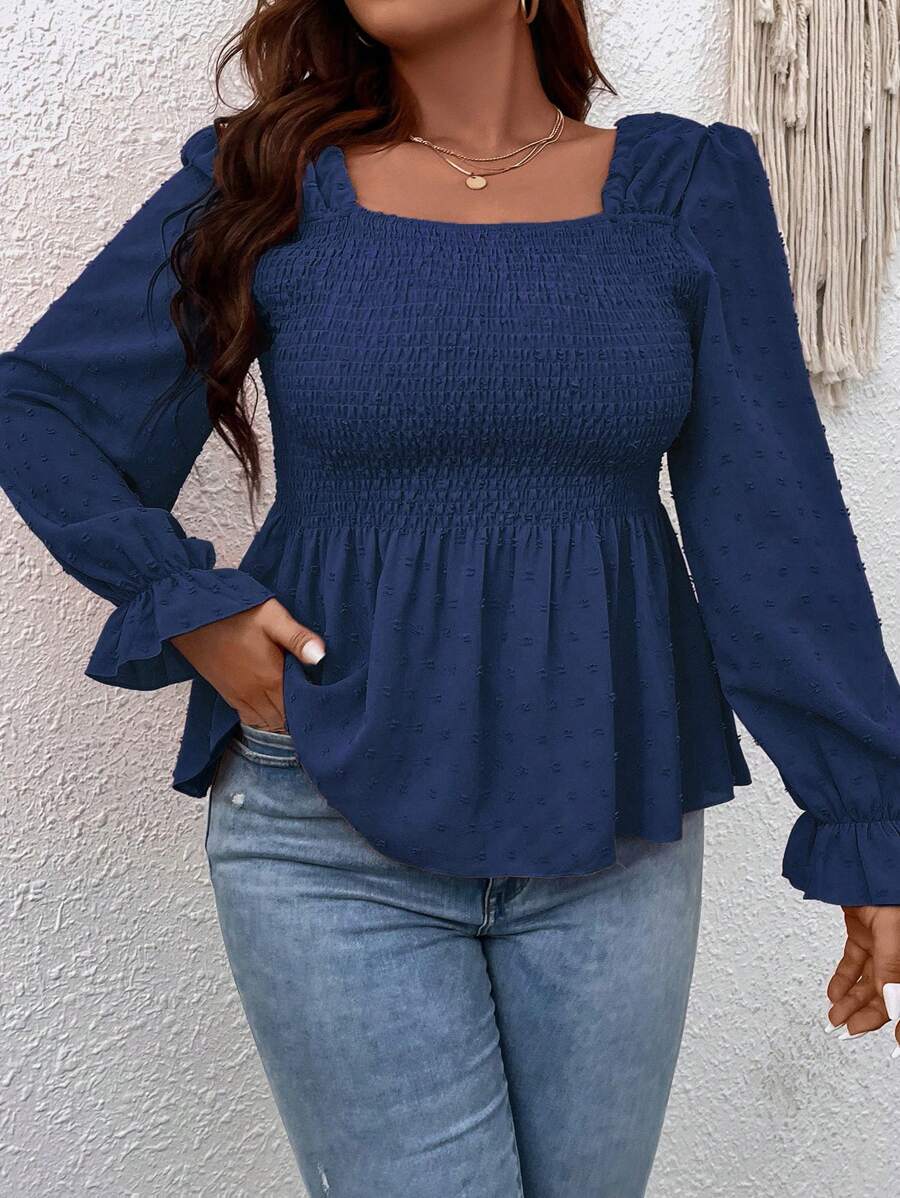 SHEIN Franclia Áo sơ mi Plus Size Xù Viên lá sen Dải chun màu trơn Giải trí - Màu xanh lam - Xem 1