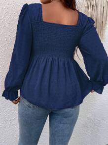 SHEIN Franclia Áo sơ mi Plus Size Xù Viên lá sen Dải chun màu trơn Giải trí - Màu xanh lam - Xem 2