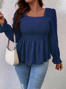 SHEIN Franclia Áo sơ mi Plus Size Xù Viên lá sen Dải chun màu trơn Giải trí - Màu xanh lam - Xem 7