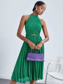 BizChic Solid Pleated Halter Neck Dress With Belt Workwear - Green - View 1