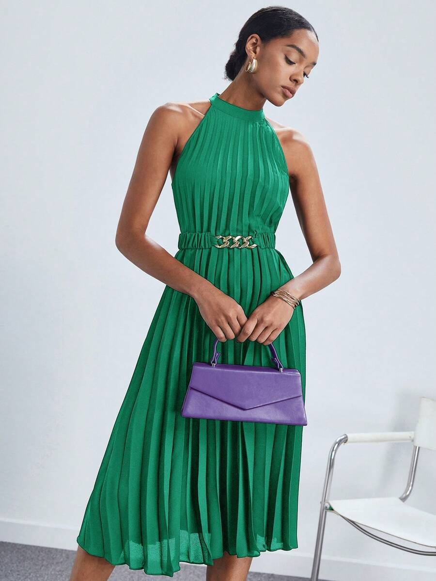 BizChic Solid Pleated Halter Neck Dress With Belt Workwear - Green - View 1