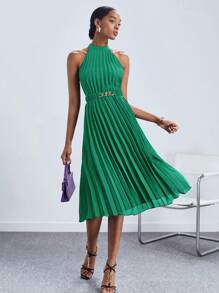 BizChic Solid Pleated Halter Neck Dress With Belt Workwear - Green - View 2