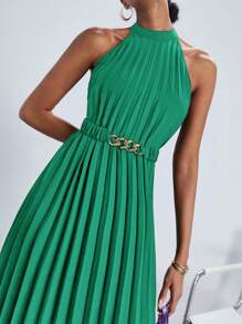 BizChic Solid Pleated Halter Neck Dress With Belt Workwear - Green - View 3