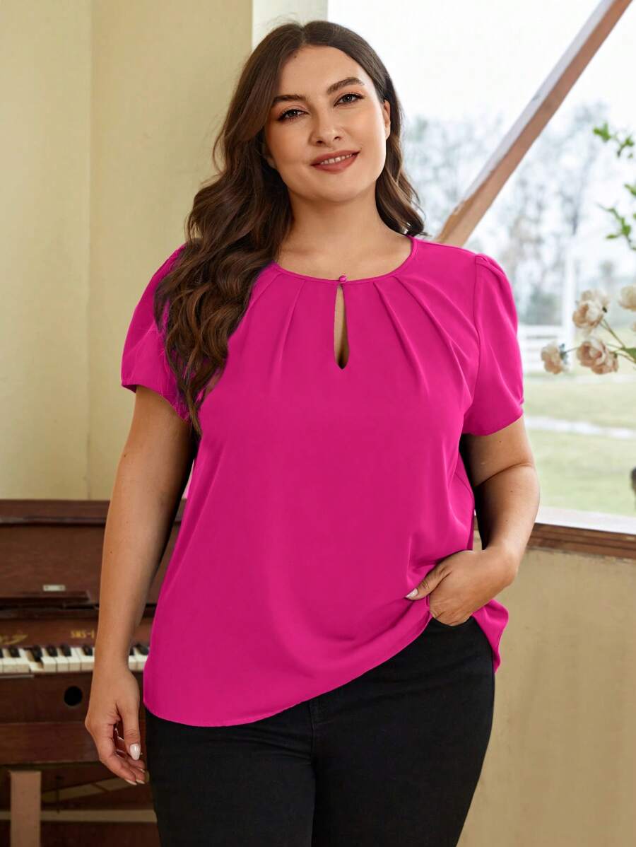 SHEIN Clasi Plus Keyhole Neck Puff Sleeve Fold Pleated Detail Top