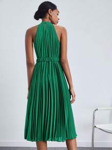 BizChic Solid Pleated Halter Neck Dress With Belt Workwear - Green - View 4
