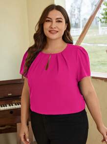 SHEIN Clasi Plus Keyhole Neck Puff Sleeve Fold Pleated Detail Top