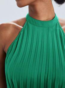 BizChic Solid Pleated Halter Neck Dress With Belt Workwear - Green - View 8