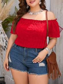 Reflora 大碼一字肩褶邊襯衫