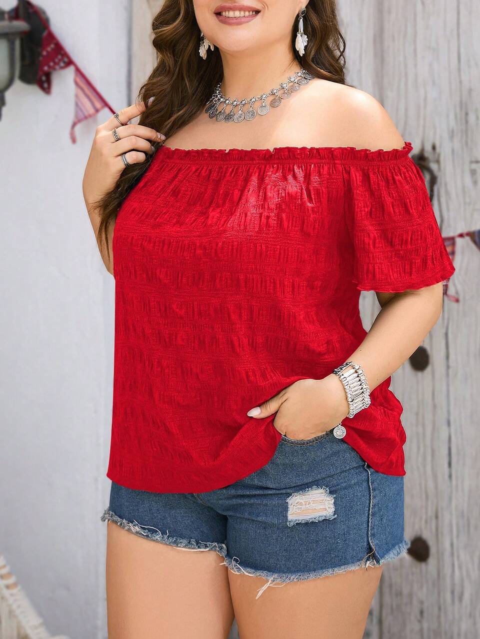 Plus Off Shoulder Frill Trim Blouse