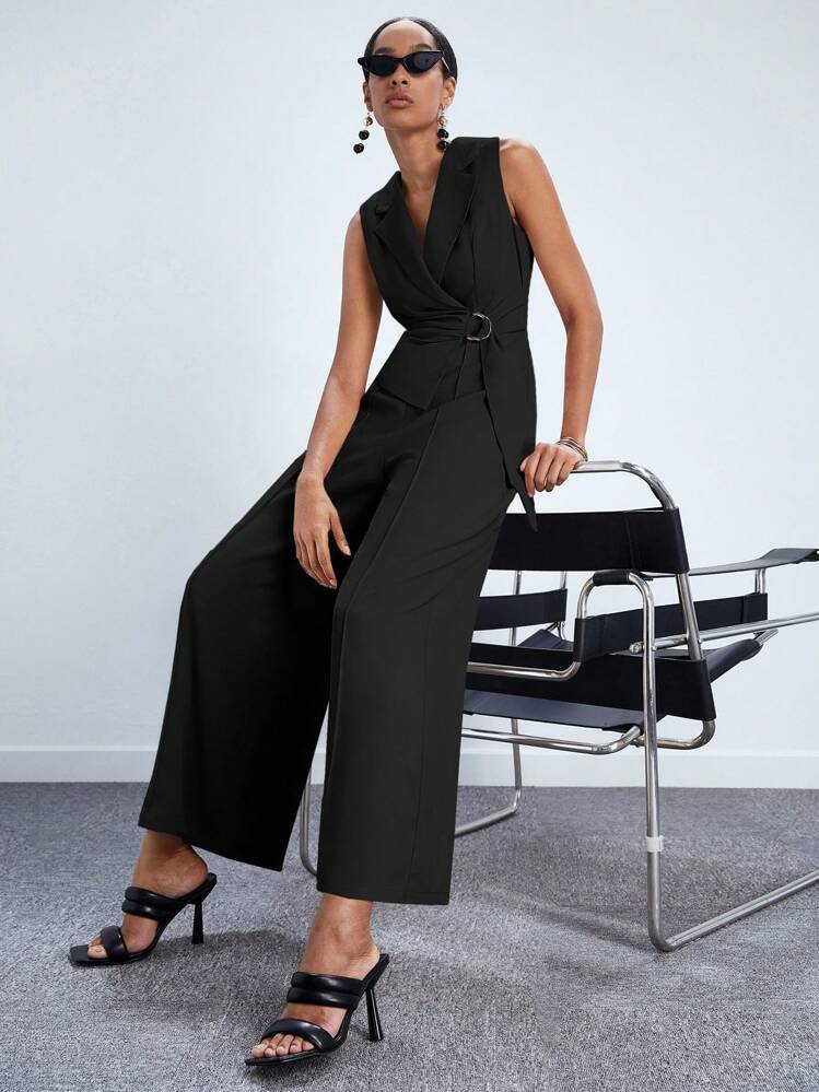 Maija จั้มสูท ขากว้าง ปลอกคอสูท แต่งเข็มขัด เวิร์กแวร์ - สีดำ - ดู 1