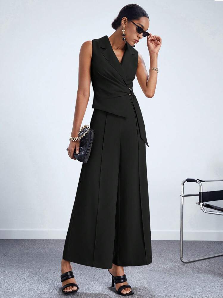 Maija จั้มสูท ขากว้าง ปลอกคอสูท แต่งเข็มขัด เวิร์กแวร์ - สีดำ - ดู 2