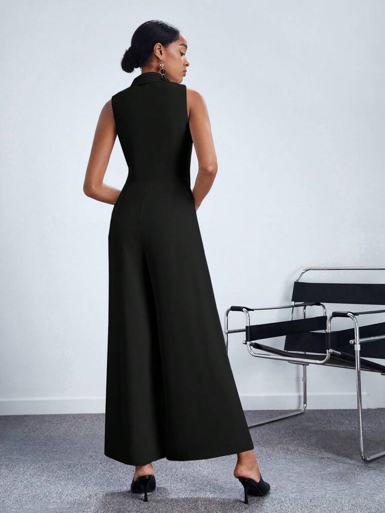 Maija จั้มสูท ขากว้าง ปลอกคอสูท แต่งเข็มขัด เวิร์กแวร์ - สีดำ - ดู 5