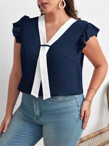 SHEIN Clasi 大碼拼接邊蝴蝶袖襯衫 - 藏蓝色 - 查看 3