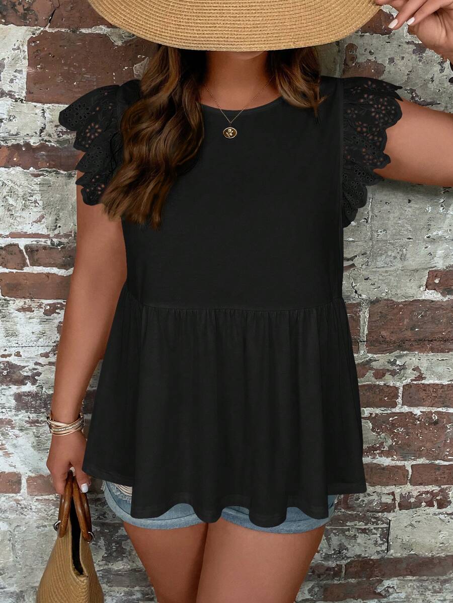 SHEIN VCAY Áo thun Plus size Viên lá sen Tranh thêu màu trơn Giải trí - màu đen - Xem 1