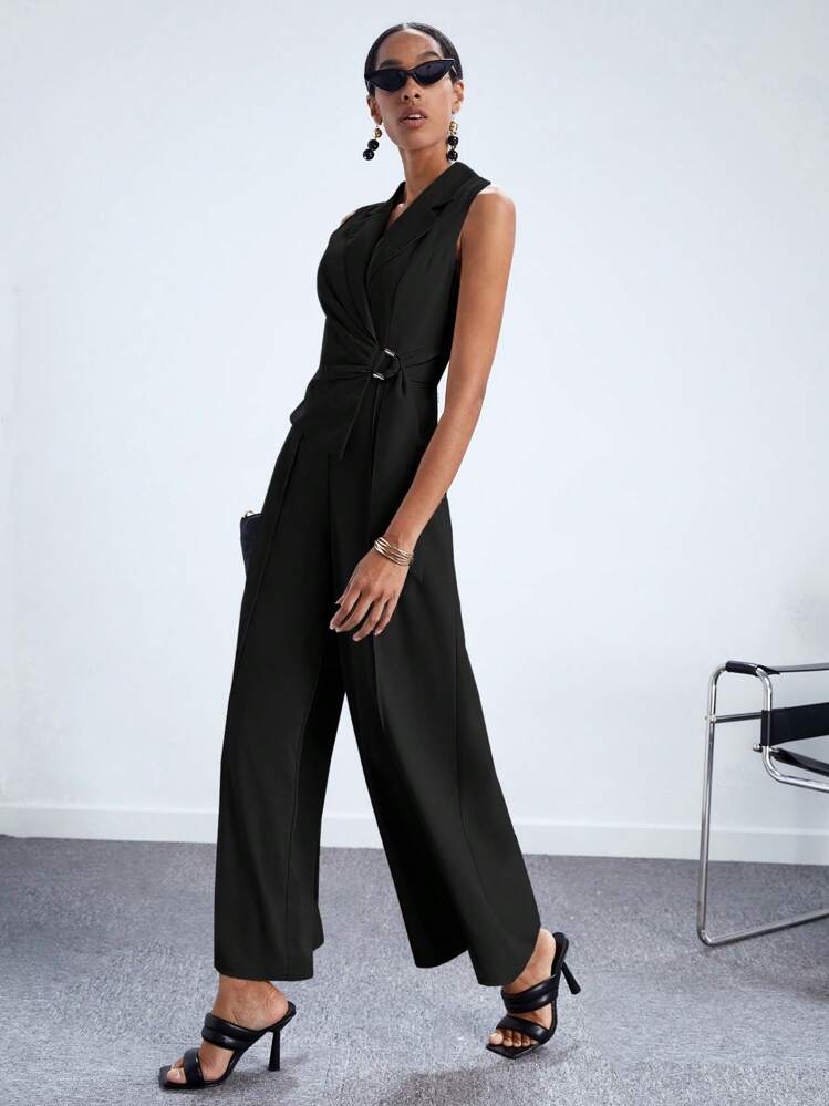 Maija จั้มสูท ขากว้าง ปลอกคอสูท แต่งเข็มขัด เวิร์กแวร์ - สีดำ - ดู 7