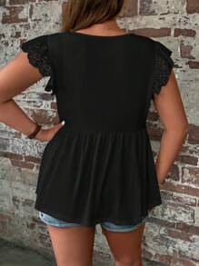 SHEIN VCAY Áo thun Plus size Viên lá sen Tranh thêu màu trơn Giải trí - màu đen - Xem 2