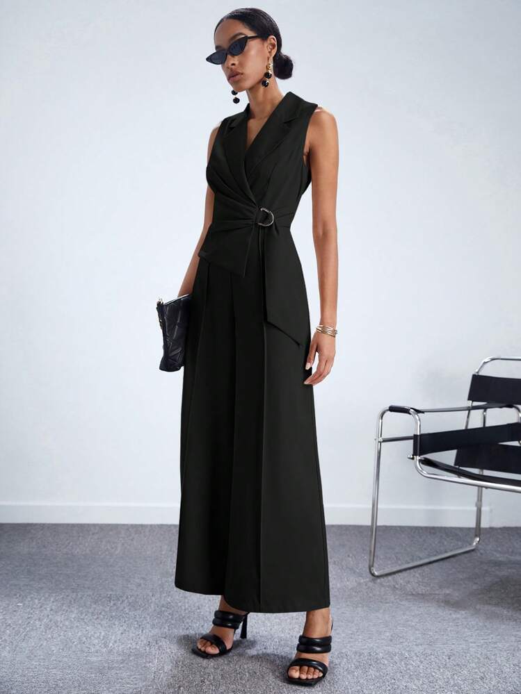 Maija จั้มสูท ขากว้าง ปลอกคอสูท แต่งเข็มขัด เวิร์กแวร์ - สีดำ - ดู 9