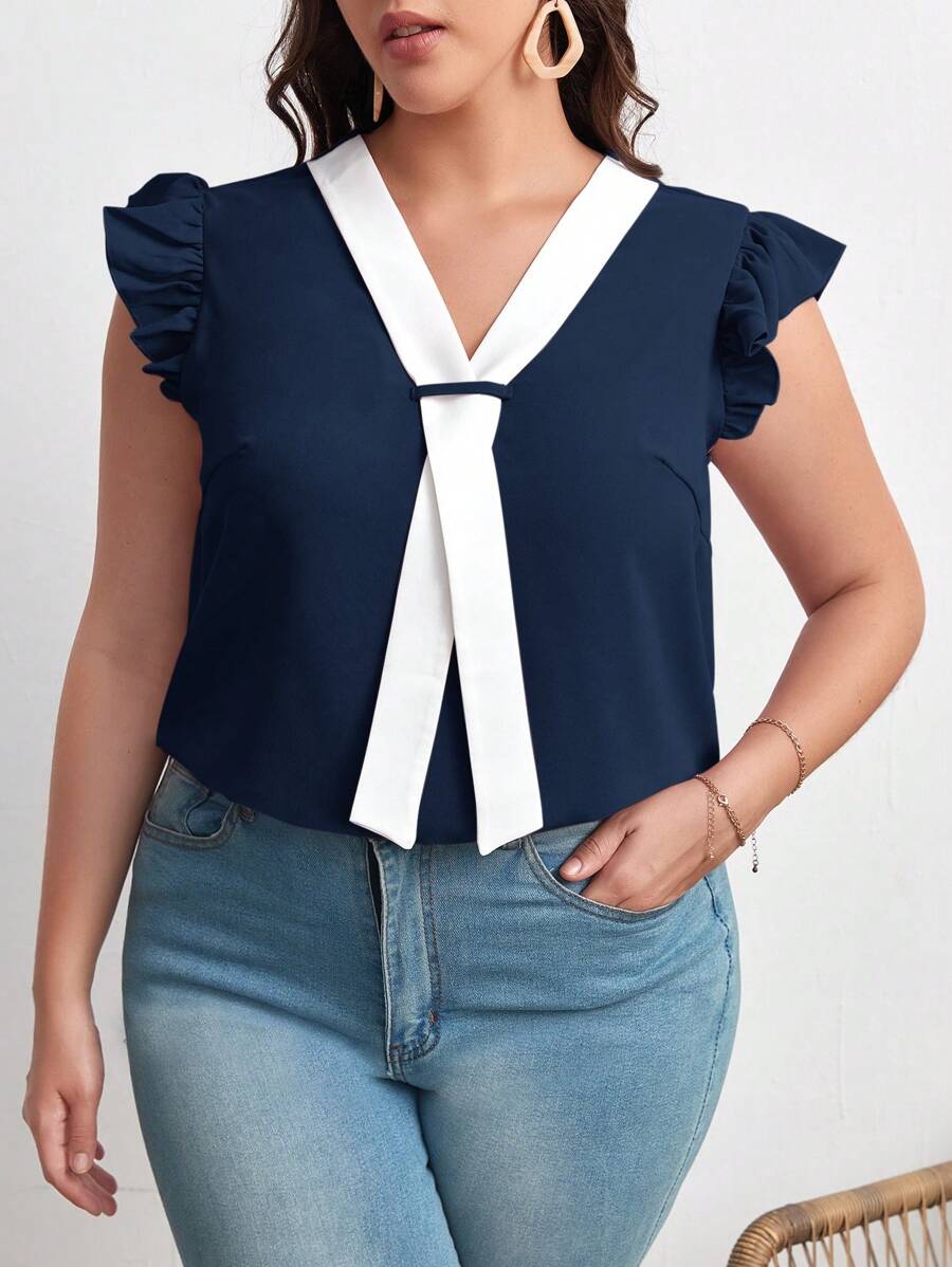 SHEIN Clasi 大碼拼接邊蝴蝶袖襯衫 - 藏蓝色 - 查看 1