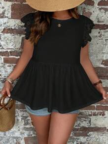 SHEIN VCAY Áo thun Plus size Viên lá sen Tranh thêu màu trơn Giải trí - màu đen - Xem 3