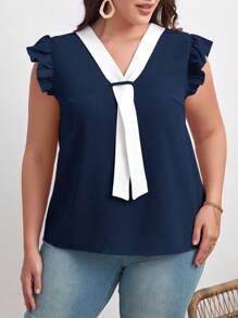 SHEIN Clasi 大碼拼接邊蝴蝶袖襯衫 - 藏蓝色 - 查看 5