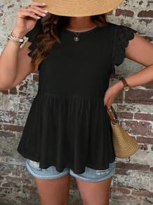 SHEIN VCAY Áo thun Plus size Viên lá sen Tranh thêu màu trơn Giải trí - màu đen - Xem 5