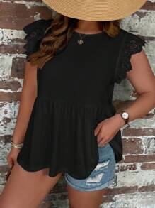 SHEIN VCAY Áo thun Plus size Viên lá sen Tranh thêu màu trơn Giải trí - màu đen - Xem 6