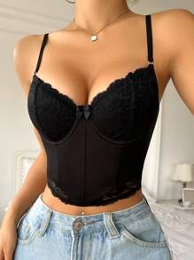 蕾絲拼接鋼圈胸罩 - 黑色 - 查看 3