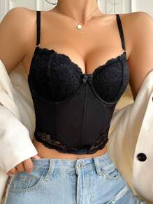蕾絲拼接鋼圈胸罩 - 黑色 - 查看 4