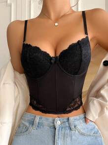 蕾絲拼接鋼圈胸罩 - 黑色 - 查看 5