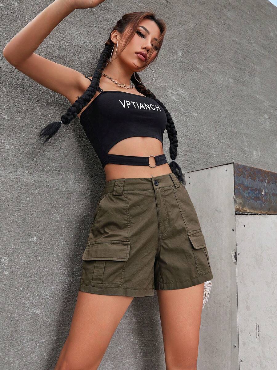 Pantalones cortos cargo de bolsillo con solapa, casuales de verano - Café integral - Ver 1