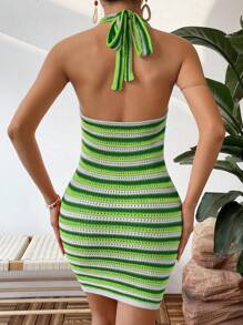 Breezaya Striped Pattern Backless Halter Neck Sweater Dress - Green - View 2