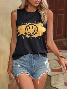 SHEIN LUNE Cartoon Face Print Tank Top - Black - View 3