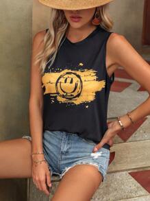 SHEIN LUNE Cartoon Face Print Tank Top - Black - View 4