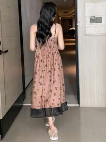 DAZY Váy giản dị Nữ Tương phản ren Tương phản Mesh Viên lá sen Hoa - màu nâu - Xem 2